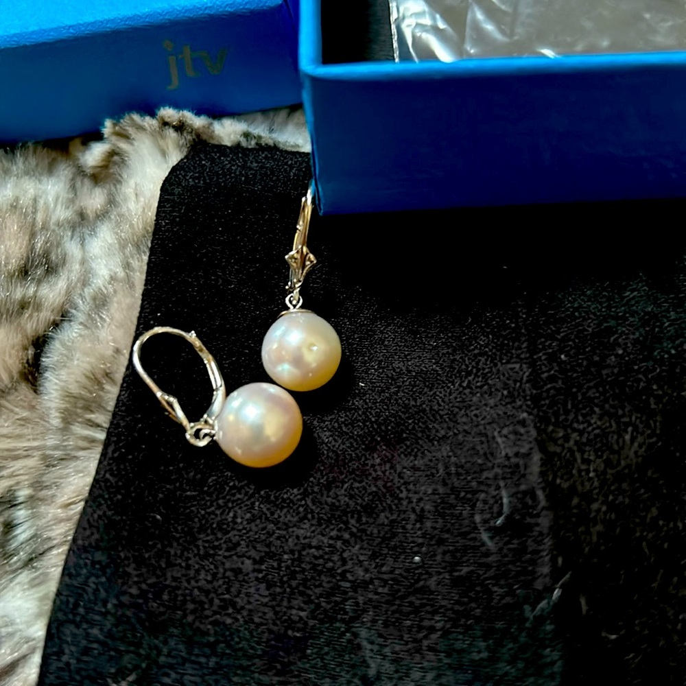 JTV white 10mm cultured freshwater pearl earrings.